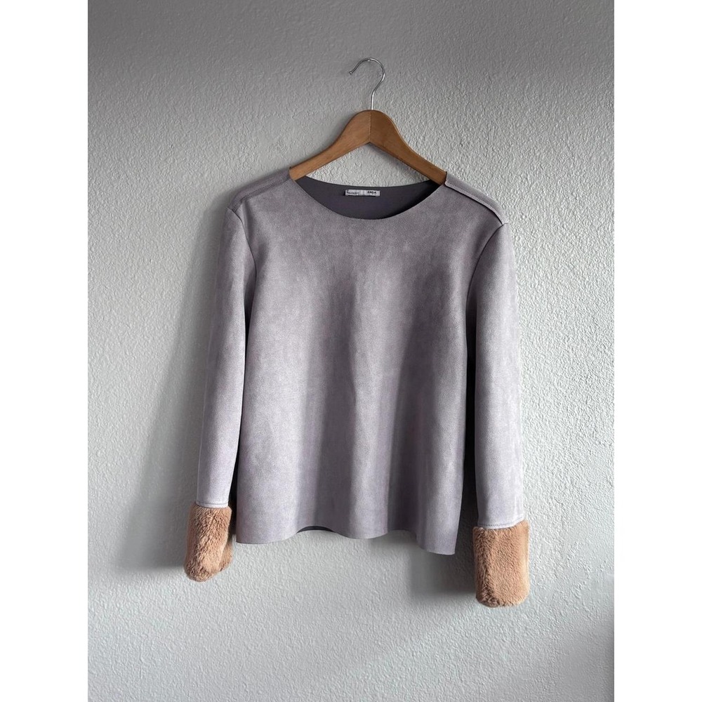 Zara Faux Suede Fur Cuff Top Gray Taupe Long Sleeve Y2K Boho Size M - Picture 4 of 6